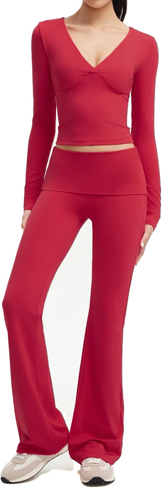 SUUKSESS Women 2 pieces Lounge Sets Long Sleeve V Neck Tops Fold Over Flare Leggings