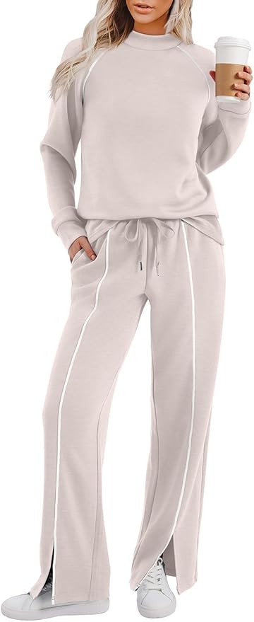 WIHOLL Lounge Sets for Women 2 Piece Fall Outfits 2025 Wide Leg Pant Matching Sets Womens Clothing