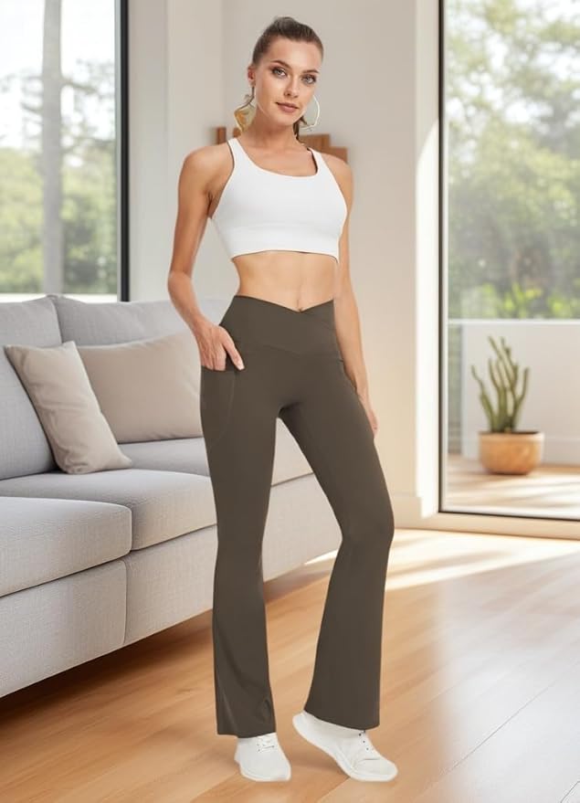 DLOODA Women's Yoga Pants with Pockets No Front Seam Crossover High Waisted Flare Leggings Tummy Control Bootcut Pants