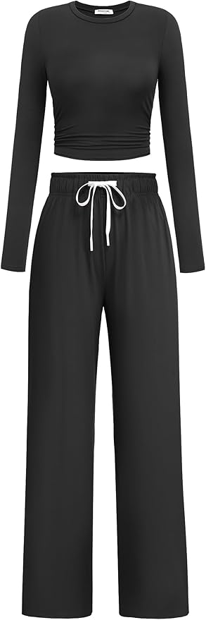 PINSPARK Women 2 Piece Lounge Set Long Sleeve Cropped Top Wide Leg Pants with Pockets 2024 Fall Outfits Matching Tracksuit