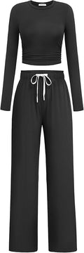 PINSPARK Women 2 Piece Lounge Set Long Sleeve Cropped Top Wide Leg Pants with Pockets 2024 Fall Outfits Matching Tracksuit