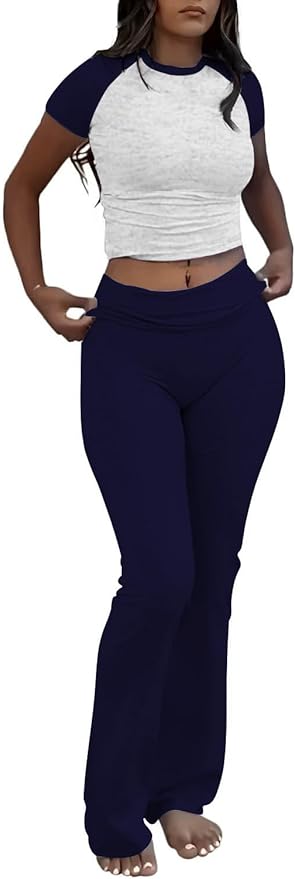 YETOWA Women's 2 Piece Lounge Outfits Slim Short Sleeve Tops Low Rise Flare Leggings Sets Yoga Sweatsuit