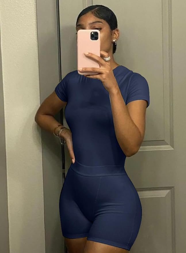 AYWA Two Piece Outfits for Women Fitted Crew Neck T-shirt High Waist Leggings Biker Shorts Matching Sets Streetwear