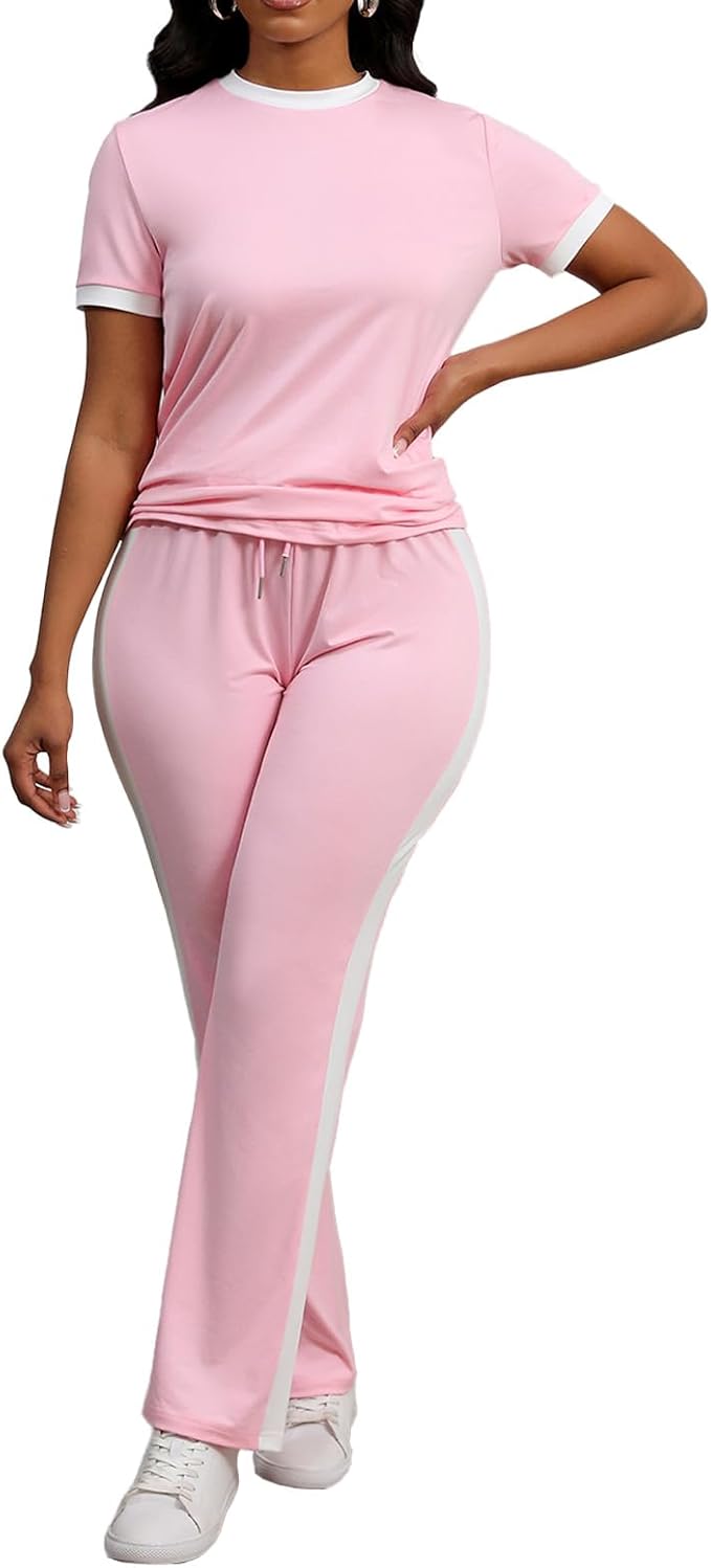 PINSV Women's 2 Piece Outfits Short Sleeve Tops Sweatpants Colorblock Bodycon Lounge Sets Tracksuit