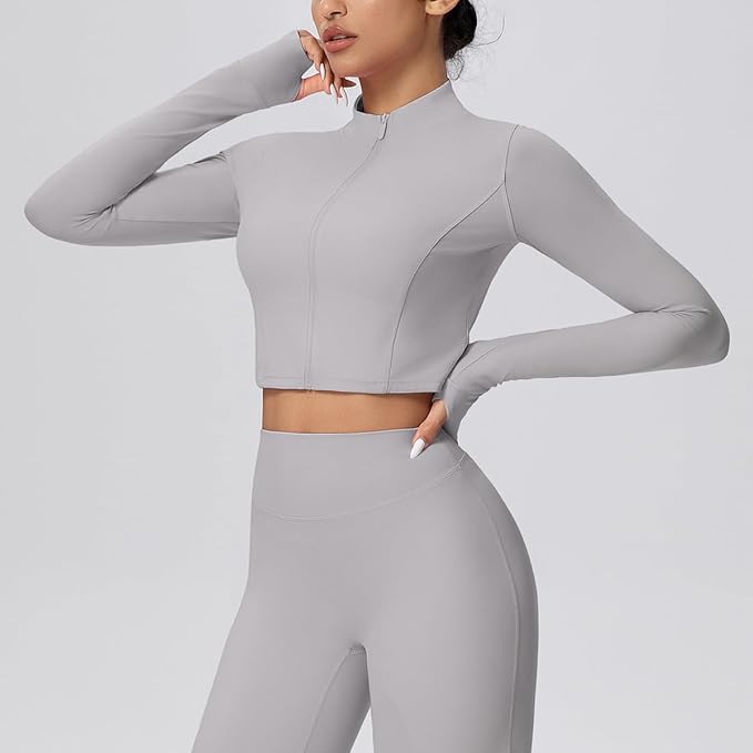 Yknktstc Womens Full Zip Athletic Jacket with Thumbhole Long Sleeve Crop Top Running Workout Yoga Sportswear Shirt