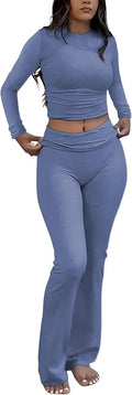 ZFLM Casual Workout Two Piece Outfits Long Sleeve High Waist Fold-Over Flared Leggings Pants Tracksuit Sets Streetwear