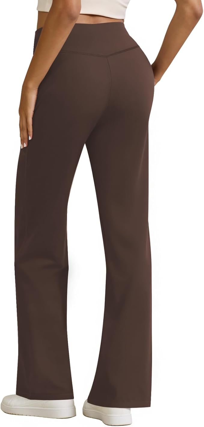 Womens High Waist Yoga Pants Stretchy Casual Trousers Straight Leg Pull On Side Pockets