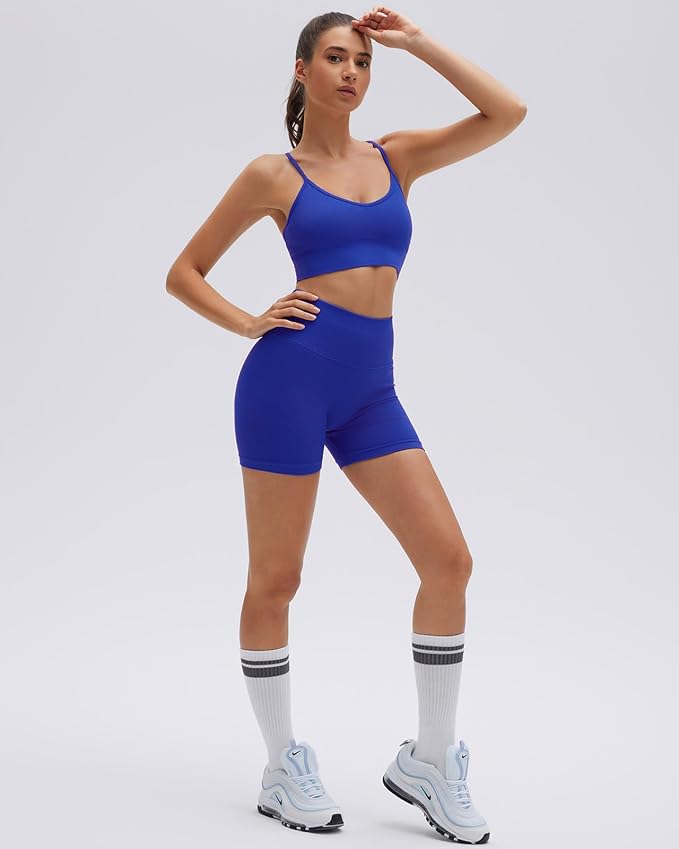 SUUKSESS Women Seamless 2 Piece Workout Sets Criss Cross Sports Bra High Waist Booty Shorts