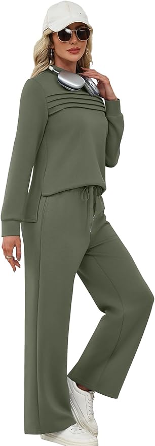 WIHOLL Two Piece Sets for Women Spring Travel Vacation Outfits 2026 Long Sleeve Lounge Sets Side Slit Wide Leg Pants S-3XL