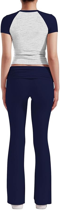YETOWA Women's 2 Piece Lounge Outfits Slim Short Sleeve Tops Low Rise Flare Leggings Sets Yoga Sweatsuit