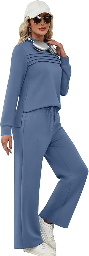 WIHOLL Two Piece Sets for Women Spring Travel Vacation Outfits 2026 Long Sleeve Lounge Sets Side Slit Wide Leg Pants S-3XL