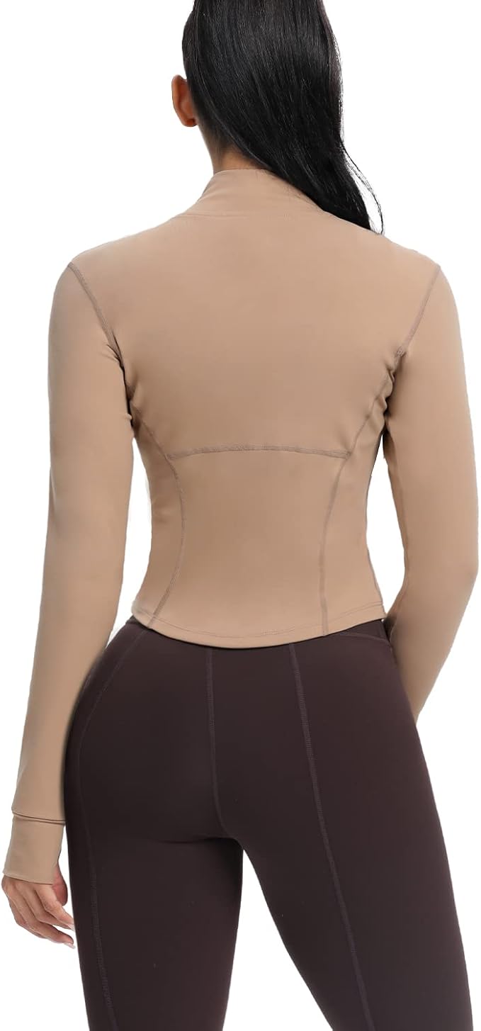 AVGO Women's Cropped Running Workout Jackets Zip Slim Fit Athletic Tops with Thumb Holes