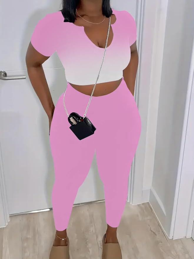 Nimsruc 2 Piece Sets For Women Sexy Casual Workout Crop Short Sleeve Long pants Leggings Sets Summer Active Wear