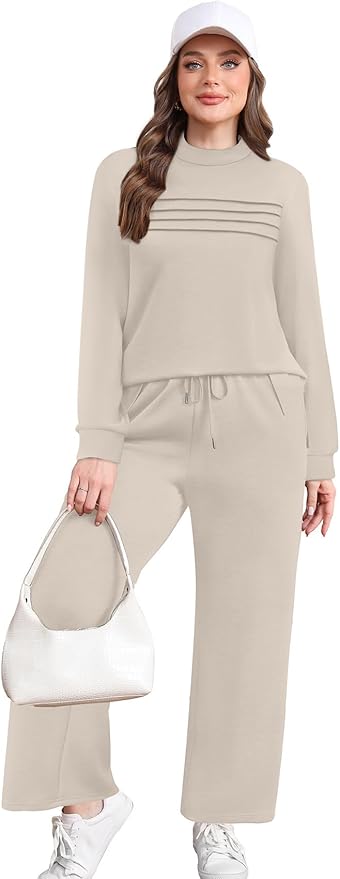 WIHOLL Two Piece Sets for Women Spring Travel Vacation Outfits 2026 Long Sleeve Lounge Sets Side Slit Wide Leg Pants S-3XL