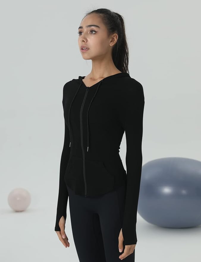 Locachy Womens Slim Fit Full Zip Hoodie Athletic Jacket Yoga Workout Running Jackets with Thumb Holes