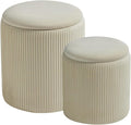 BLEXA Round Set of 2 Ottoman with Storage-Upholstered Velvet Vanity Stool for Makeup Multifunctional Ottomans Coffee Table Padded Seat Foot Rest for Living Room&Bedroom(White)