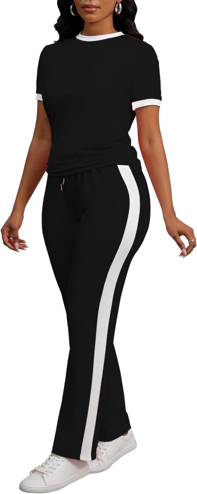 PINSV Women's 2 Piece Outfits Short Sleeve Tops Sweatpants Colorblock Bodycon Lounge Sets Tracksuit