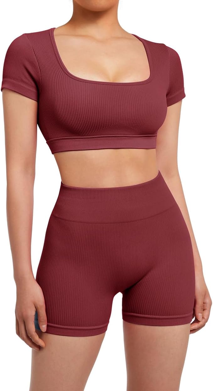 SUUKSESS Womens Workout Sets Open Back Gym Sets Woman Yoga Pilates Crop Tank High Waisted Bike Shorts
