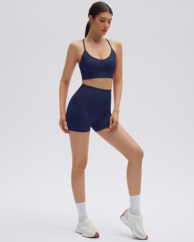 SUUKSESS Women Seamless 2 Piece Workout Sets Criss Cross Sports Bra High Waist Booty Shorts