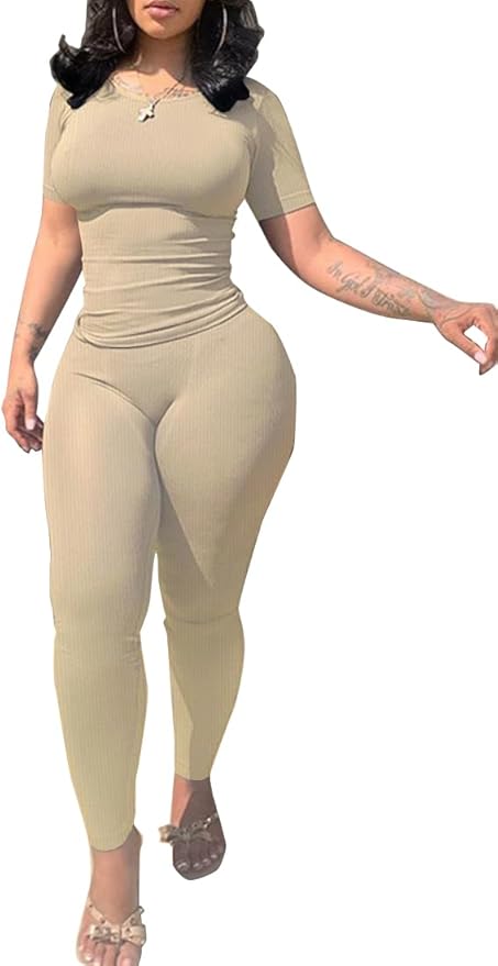PINSV 2 Piece Sets for Women Summer Casual Jogger Workout Outfits Fitted Crew Neck T-shirt High Waist Legging Sets