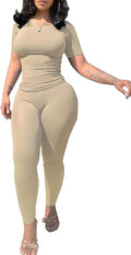 PINSV 2 Piece Sets for Women Summer Casual Jogger Workout Outfits Fitted Crew Neck T-shirt High Waist Legging Sets
