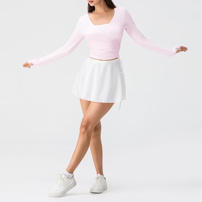 Women Wrap Top Thumb Hole Long Sleeve Self Tie Workout Shirt Pilates Ballet Yoga Tops
