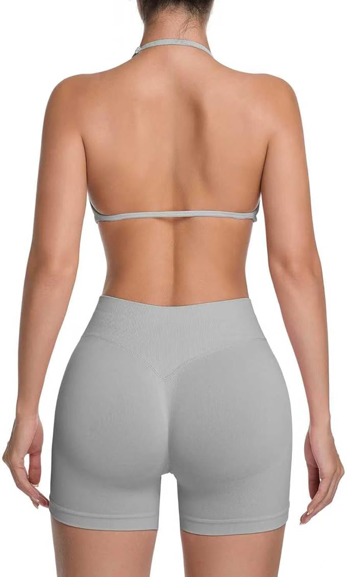 Comper 2 Piece Workout Sets for Women Halter Strappy Sports Bra with Seamless Ribbed Gym Yoga shorts Outfits
