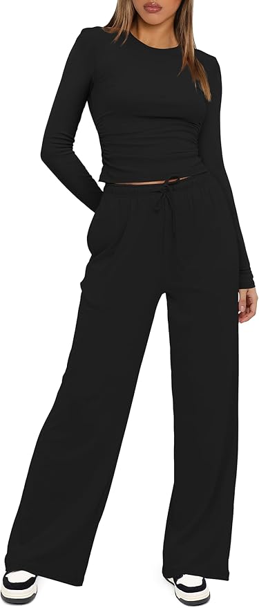Darong Women's 2 Piece Outfits Lounge Sets 2026 Long Sleeve Tops Wide Leg Pants Casual Matching Set