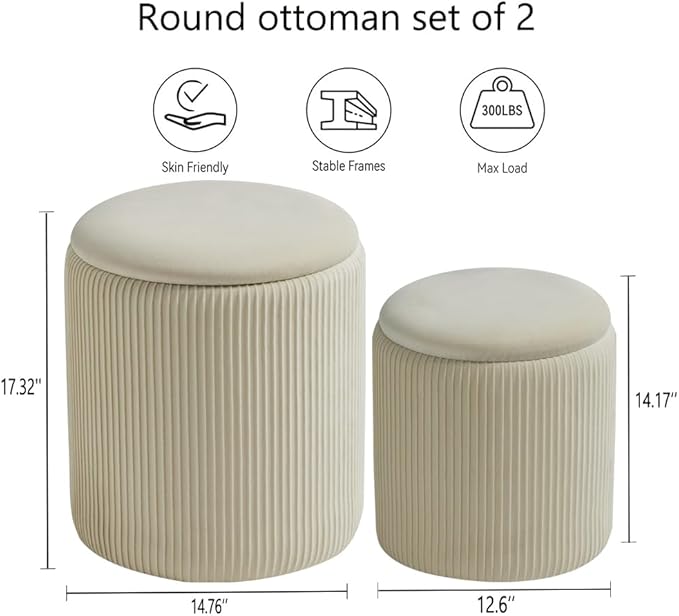 BLEXA Round Set of 2 Ottoman with Storage-Upholstered Velvet Vanity Stool for Makeup Multifunctional Ottomans Coffee Table Padded Seat Foot Rest for Living Room&Bedroom(White)