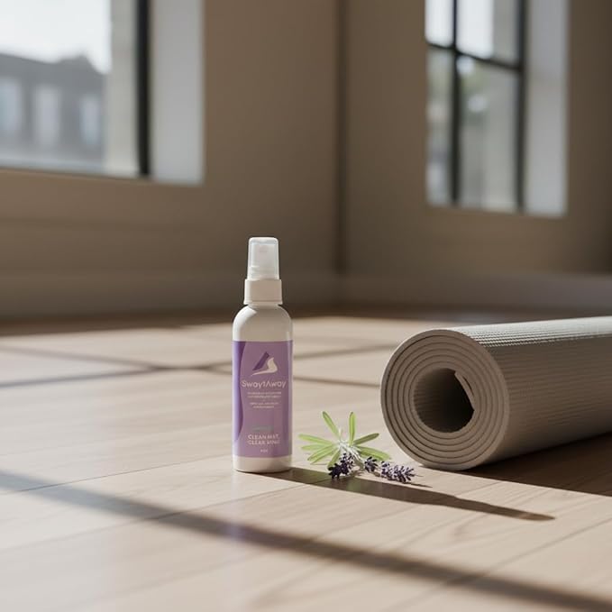 SwaytAway Travel Yoga Mat Cleaner Spray & Towel Kit, 4oz – Non Slip, No Rinse Plant-Based Lavender Essential Oil Mist for Gym, Pilates & Hot Yoga – Made in USA