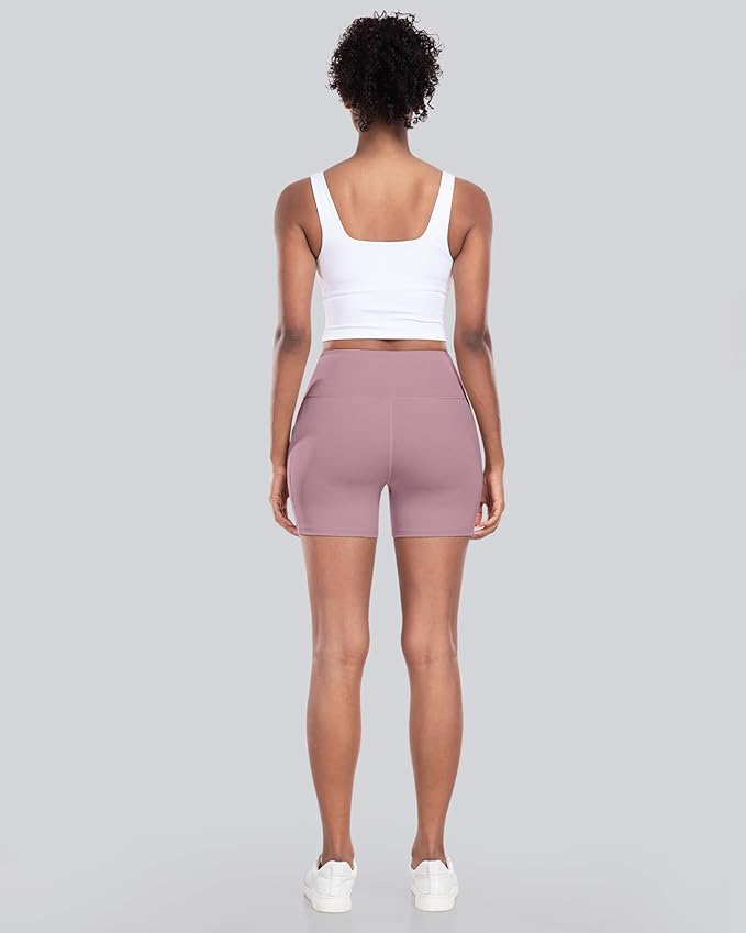 CHRLEISURE Womens Biker Yoga Shorts with Pocket, High Waisted Tummy Control 5 Inch Workout Spandex Athletic Gym Shorts