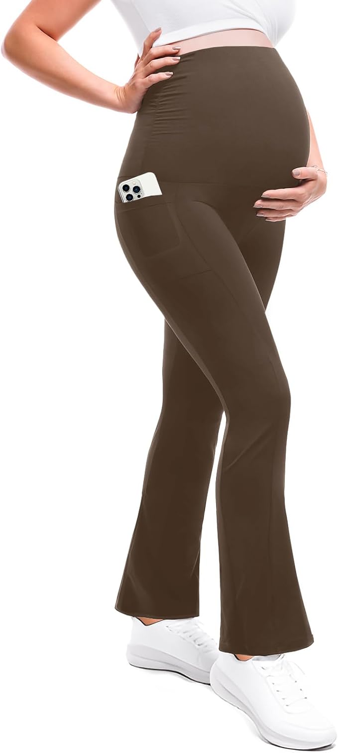 Leafigure Maternity Flare Leggings with Pockets Over The Belly Yoga Pants for Workout Soft Pregnancy Activewear