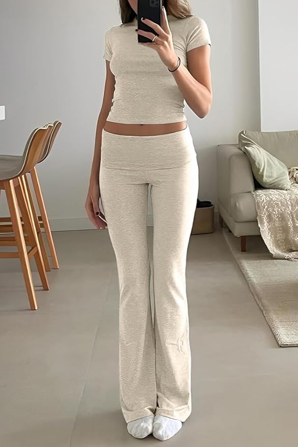 ZFLM Casual Workout Two Piece Outfits for Women Short Sleeve Crop High Waist Foldover Flare Pants Tracksuit Sets Streetwear