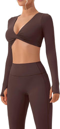 SUUKSESS Women 2 Piece Workout Sets Long Sleeve Twist Deep V Crop Padded Tops Yoga Leggings with Side Pockets