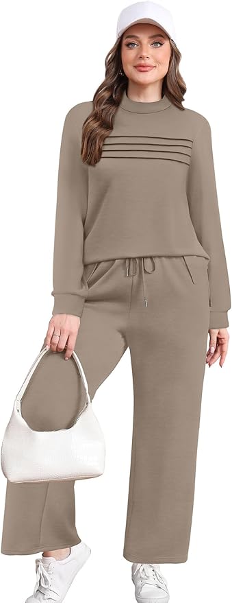 WIHOLL Two Piece Sets for Women Spring Travel Vacation Outfits 2026 Long Sleeve Lounge Sets Side Slit Wide Leg Pants S-3XL