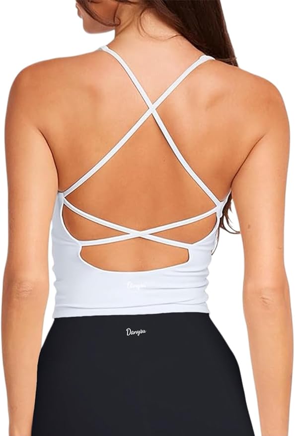 Danysu Sculpt Workout Tank Tops Women Backless Longline Sports Bras Strappy Padded Yoga Top