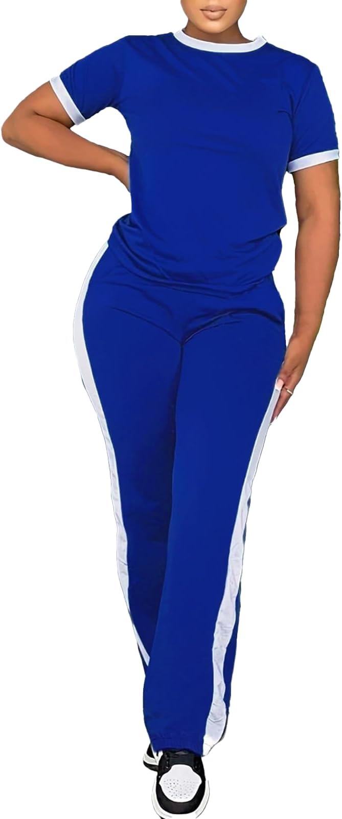PINSV Women's 2 Piece Outfits Short Sleeve Tops Sweatpants Colorblock Bodycon Lounge Sets Tracksuit