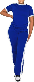 PINSV Women's 2 Piece Outfits Short Sleeve Tops Sweatpants Colorblock Bodycon Lounge Sets Tracksuit