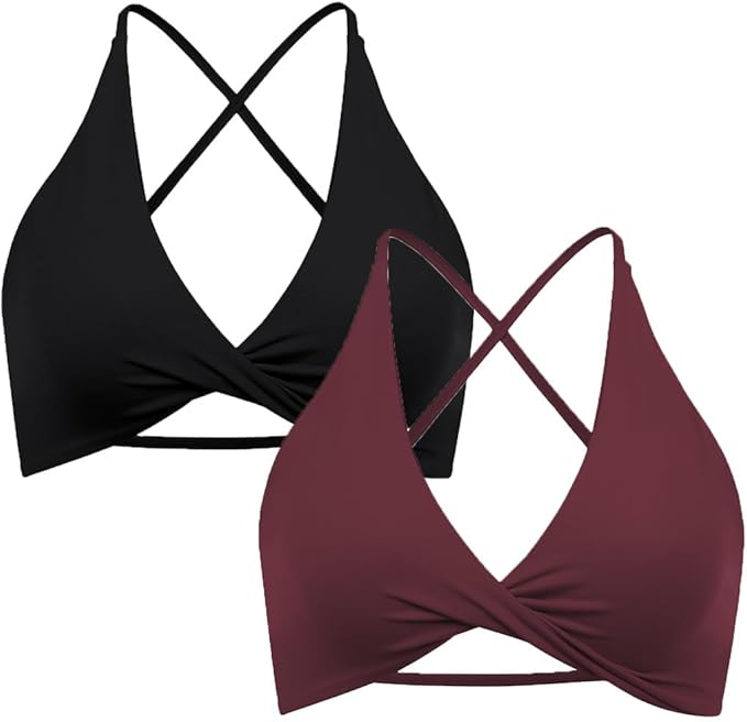 SUUKSESS Women 2 Piece Open Back Strappy Sports Bra Pack Twist V Neck Workout Crops