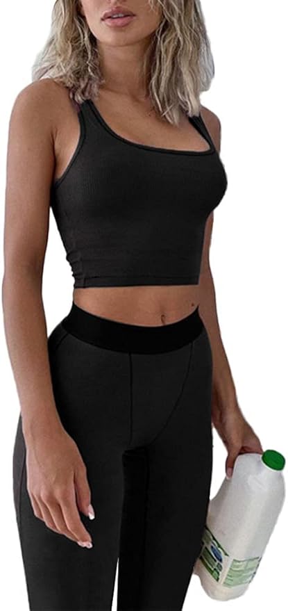 LICOBOD Casual Workout Sets 2 Piece Outfits for Women Ribbed Crop Tank Top High Waist Yoga Leggings Lounge Wear Tracksuit