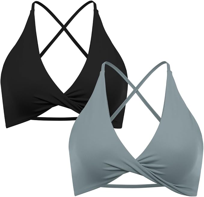SUUKSESS Women 2 Piece Open Back Strappy Sports Bra Pack Twist V Neck Workout Crops
