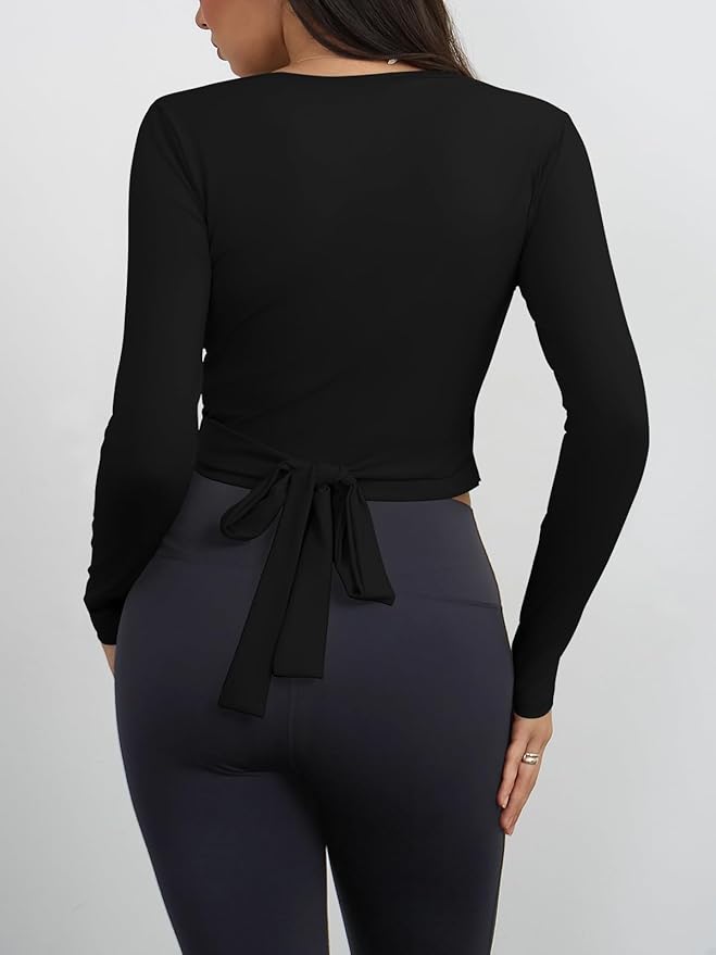 Yousify Womens Wrap Tie Tops Y2k Long Sleeve Ballet Pilates Yoga Workout Wrap Shirts Deep V Neck Casual Tops