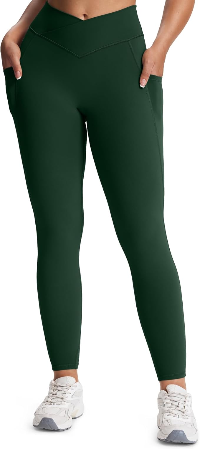 Aoxjox Women's Trinity High Waisted Yoga Pants with Pockets Cross-Waist Tummy Control Buttery Soft Workout Leggings 26"