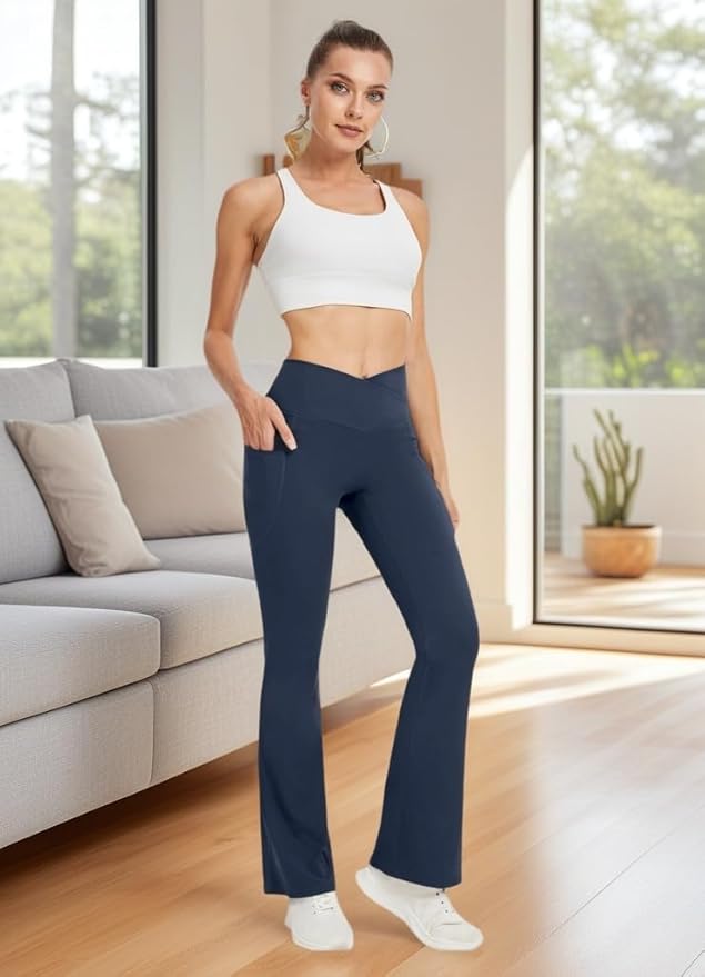 DLOODA Women's Yoga Pants with Pockets No Front Seam Crossover High Waisted Flare Leggings Tummy Control Bootcut Pants