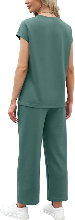 WIHOLL Two Piece Sets for Women Summer Spring Travel Vacation Outfits Cap Sleeve Lounge Matching Sets Wide Leg Pants S-3XL