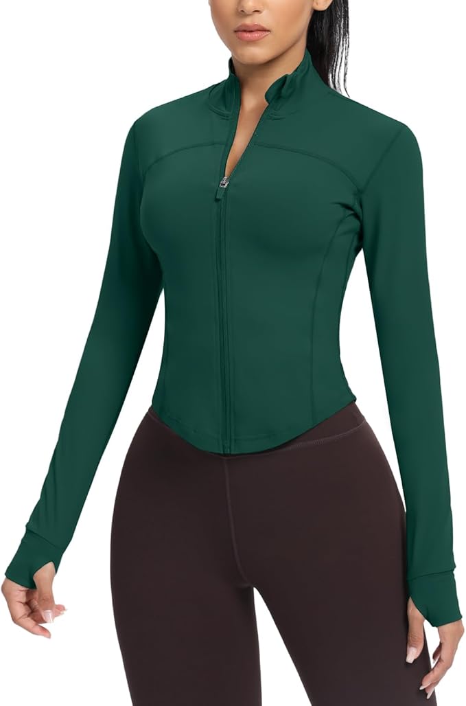 AVGO Women's Cropped Running Workout Jackets Zip Slim Fit Athletic Tops with Thumb Holes