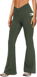 DLOODA Women's Yoga Pants with Pockets No Front Seam Crossover High Waisted Flare Leggings Tummy Control Bootcut Pants