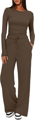 Darong Women's 2 Piece Outfits Lounge Sets 2026 Long Sleeve Tops Wide Leg Pants Casual Matching Set
