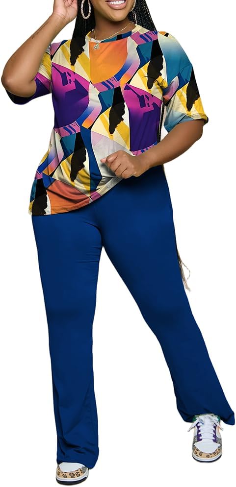 PINSV Women 2 Piece Outfits Short Sleeve Top and Flare Pants Lounge Sets Tracksuit