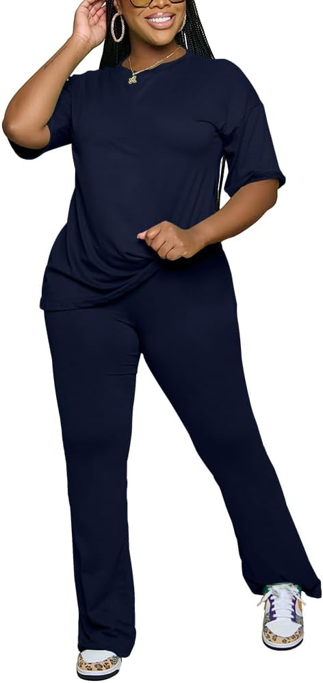 PINSV Women 2 Piece Outfits Short Sleeve Top and Flare Pants Lounge Sets Tracksuit